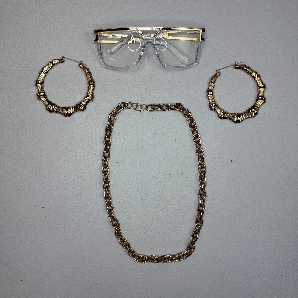 Hip‑Hop Style Costume Set – Gold Chain, Bamboo Hoops & Clear Glasses